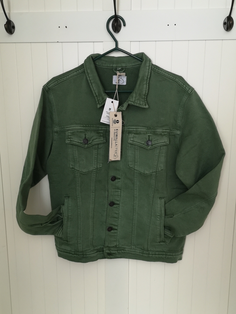 NWT Women's Medium Kuwalla Knit Denim Jacket in Sage Multi Pockets Koala Buttons